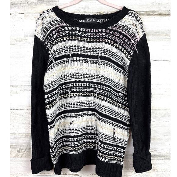 POL Women’s S Black Pink Distressed Long Sleeve Cotton Boho Sweater NEW - Picture 1 of 4